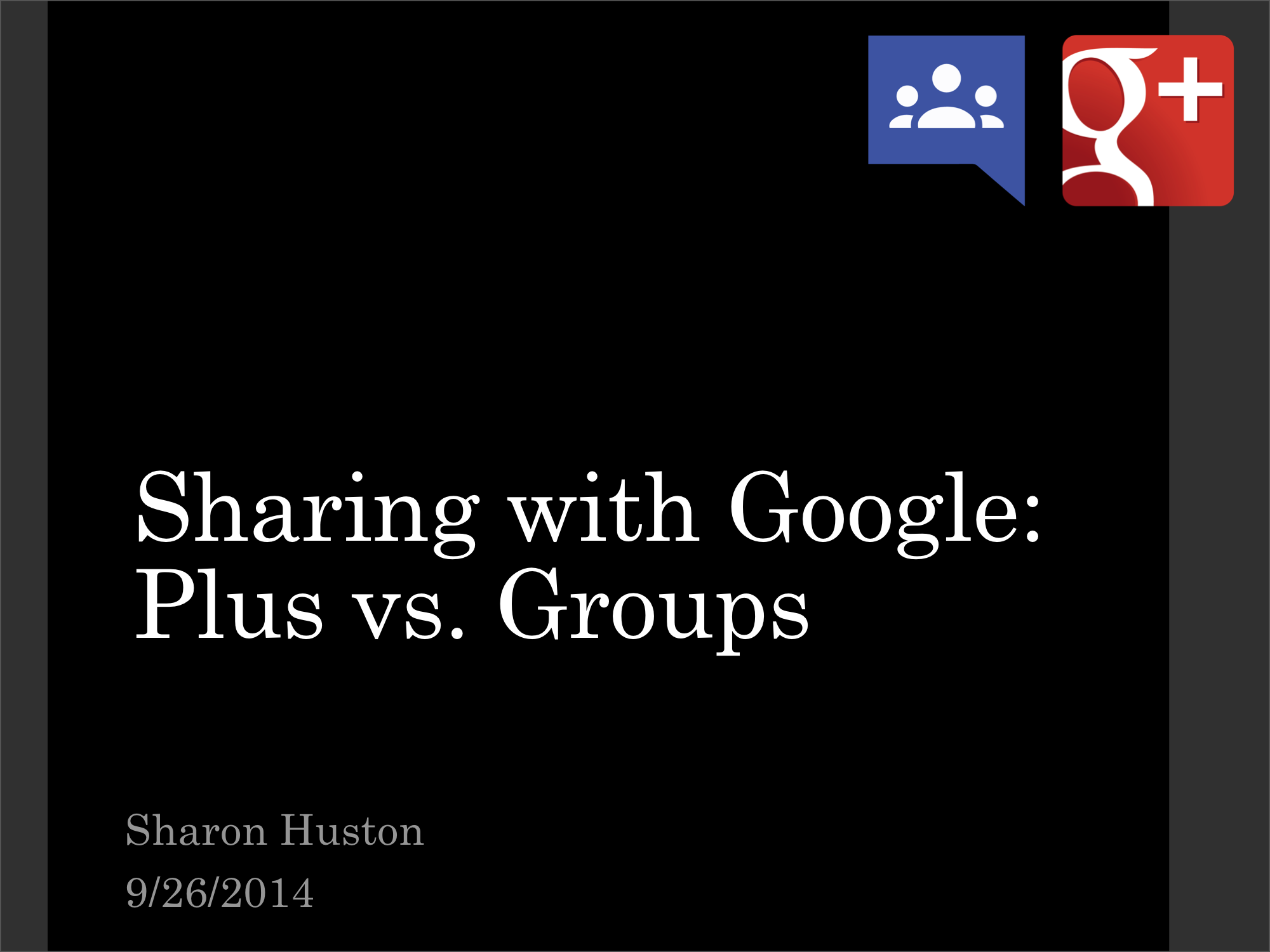 This presentation discusses the trade-offs between Google Groups and Google Plus Communities.