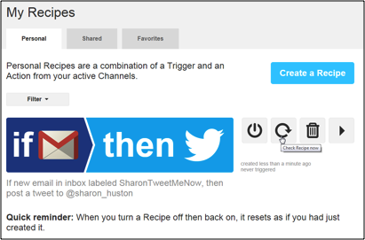 Screen shot of the IFTTT recipe to connect Twitter to GMail.