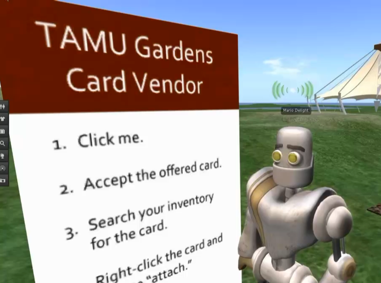 Our demo avatar stands in front of a debit card giver. The giver is labeled with instructions.
